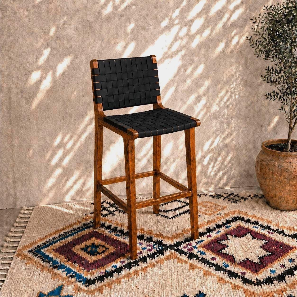 Handcrafted Moroccan Bar Chair — Leather Wooden Stool