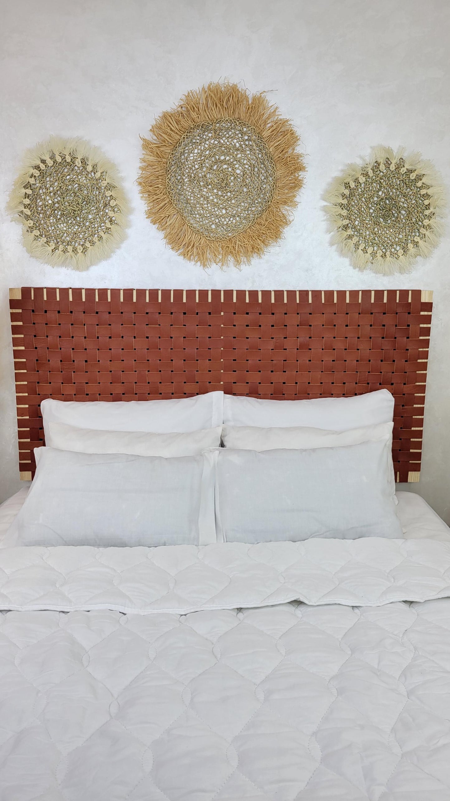 Woven Leather Headboard — side view of artisan stitching