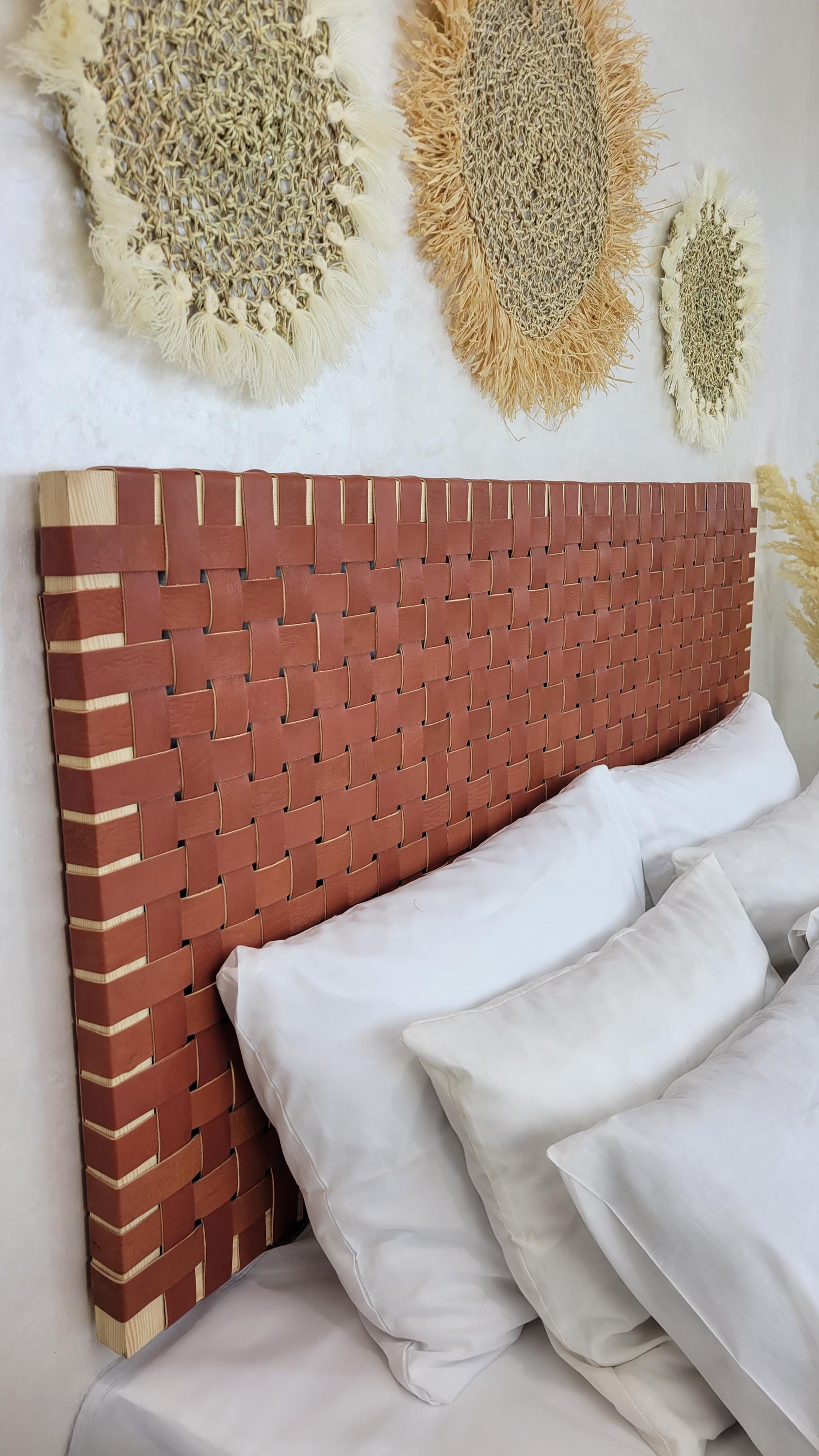 Luxury Moroccan Woven Leather Headboard — Handmade Boho