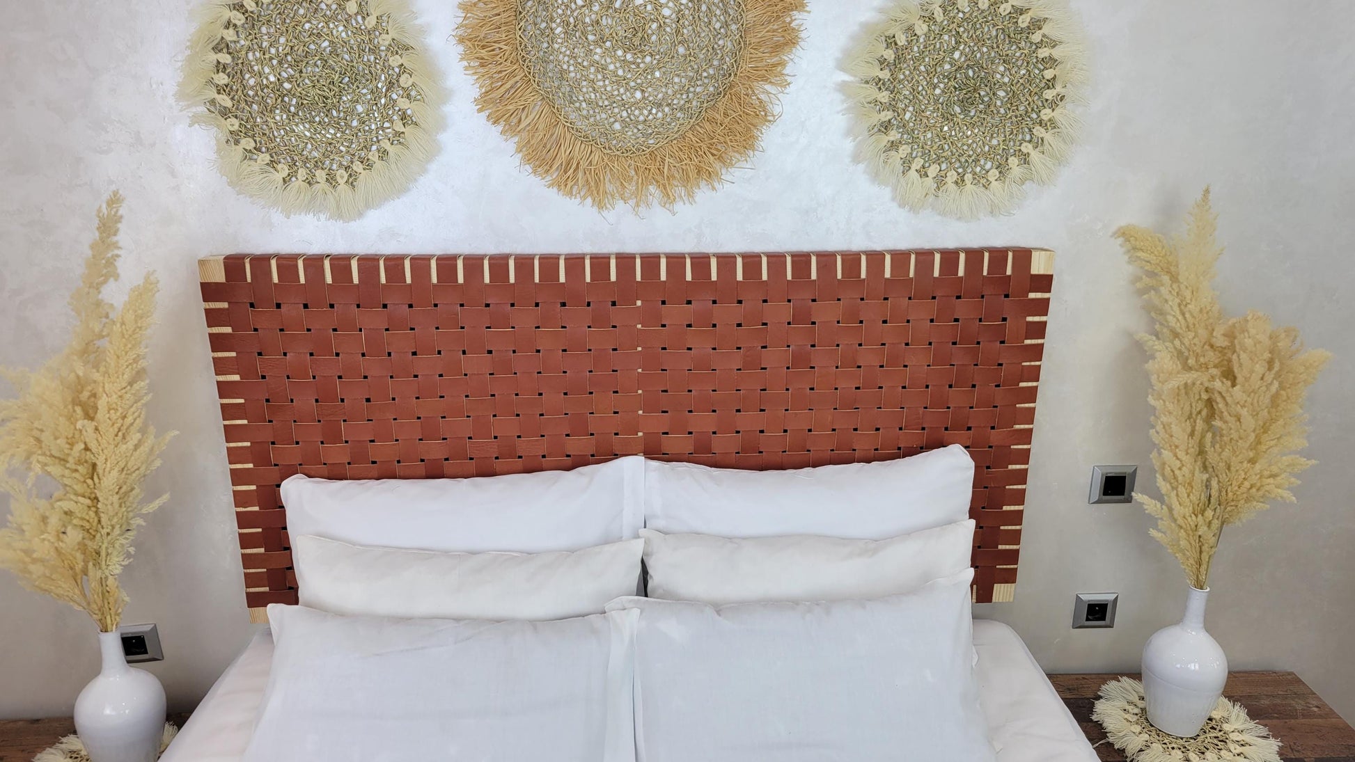 Woven Leather Headboard — color variation in natural light