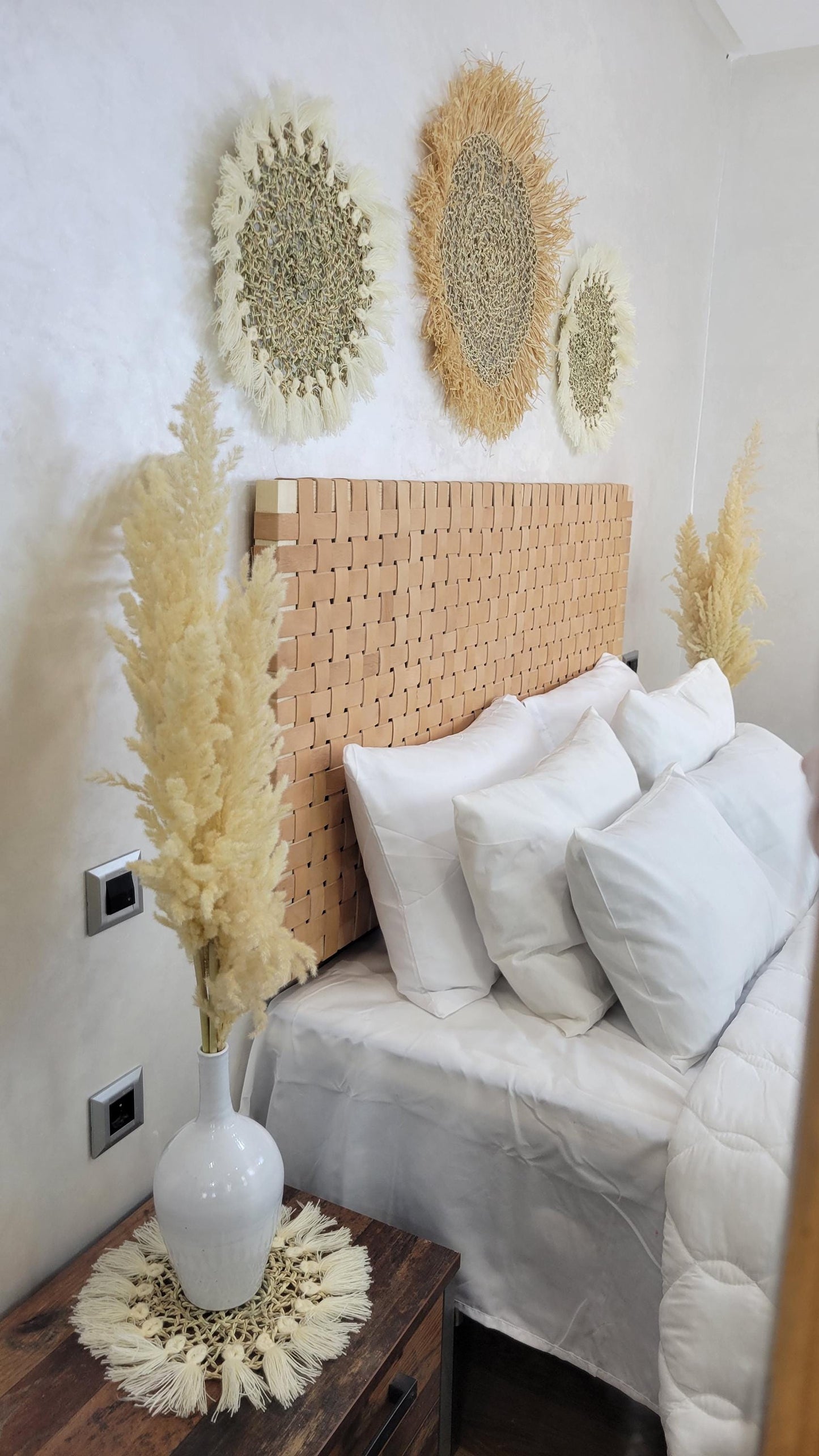 Woven Leather Headboard — paired with neutral home decor