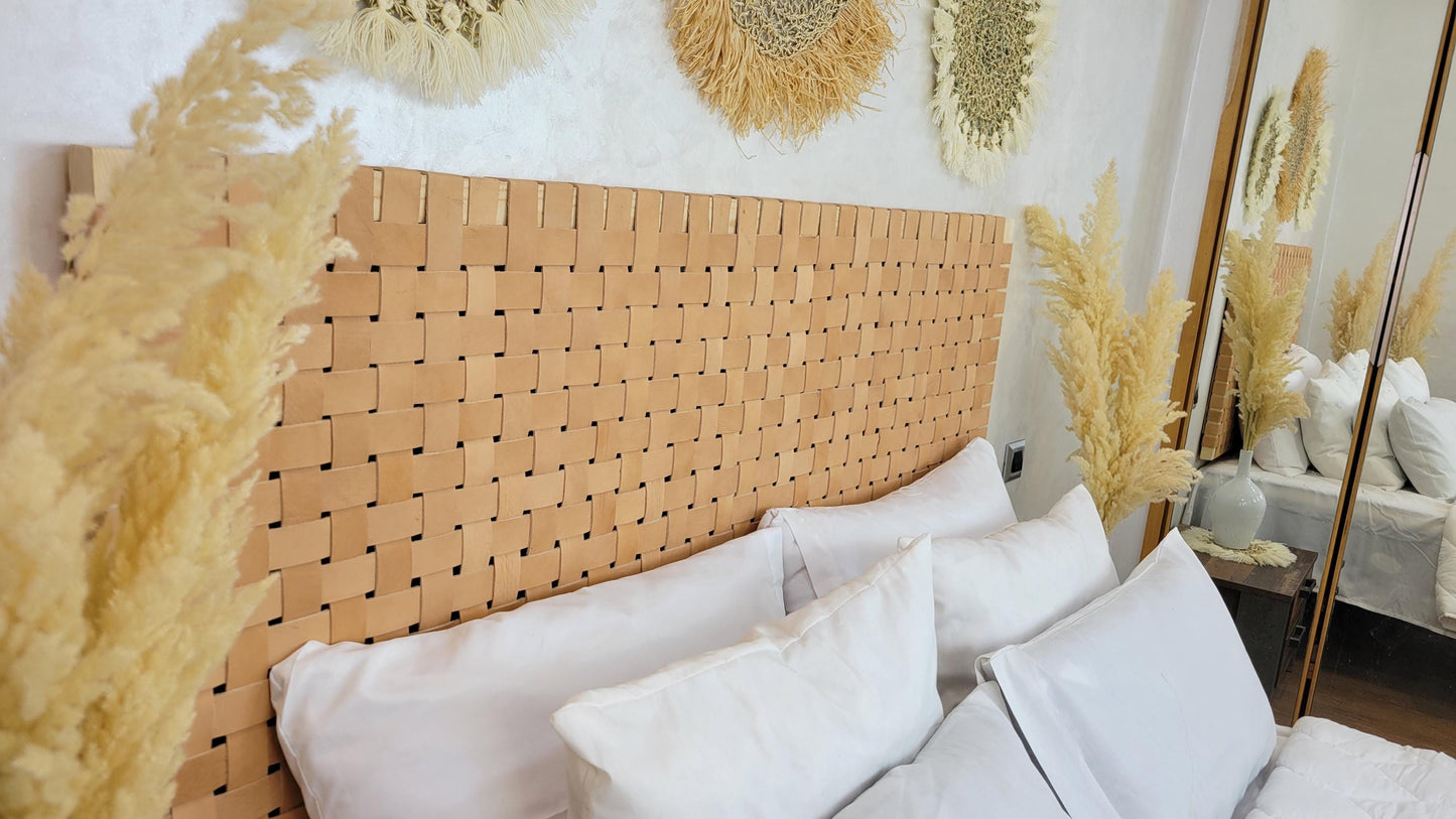 Woven Leather Headboard — styled in a modern boho living room