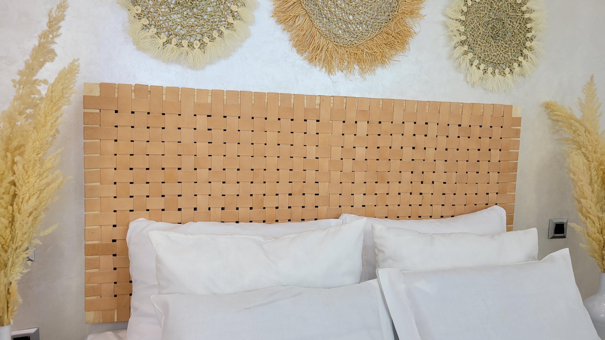 Woven Leather Headboard — color variation in natural light