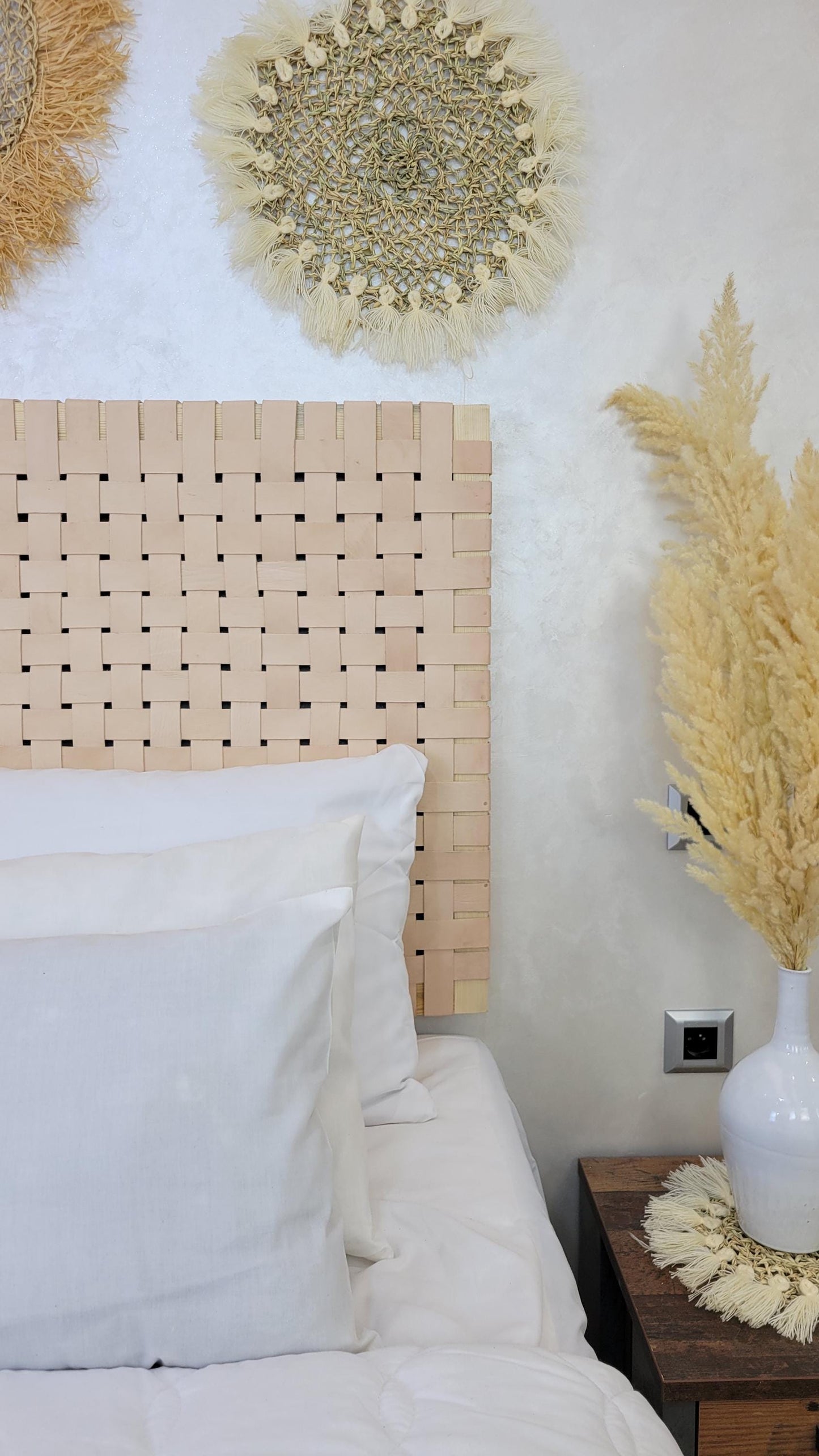 Woven Leather Headboard — side view of artisan stitching