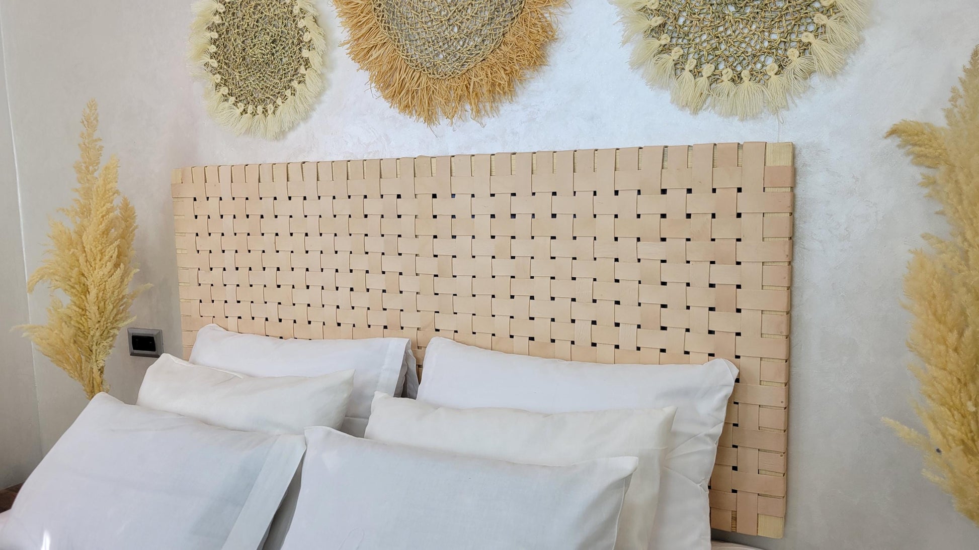 Woven Leather Headboard — color variation in natural light