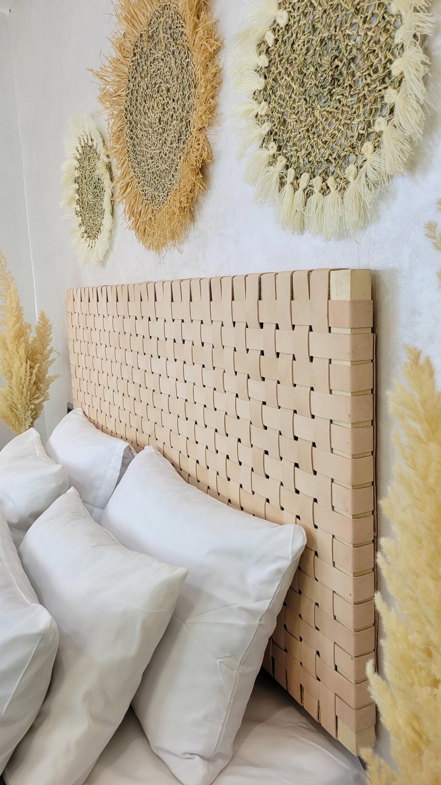 Woven Leather Headboard — paired with neutral home decor