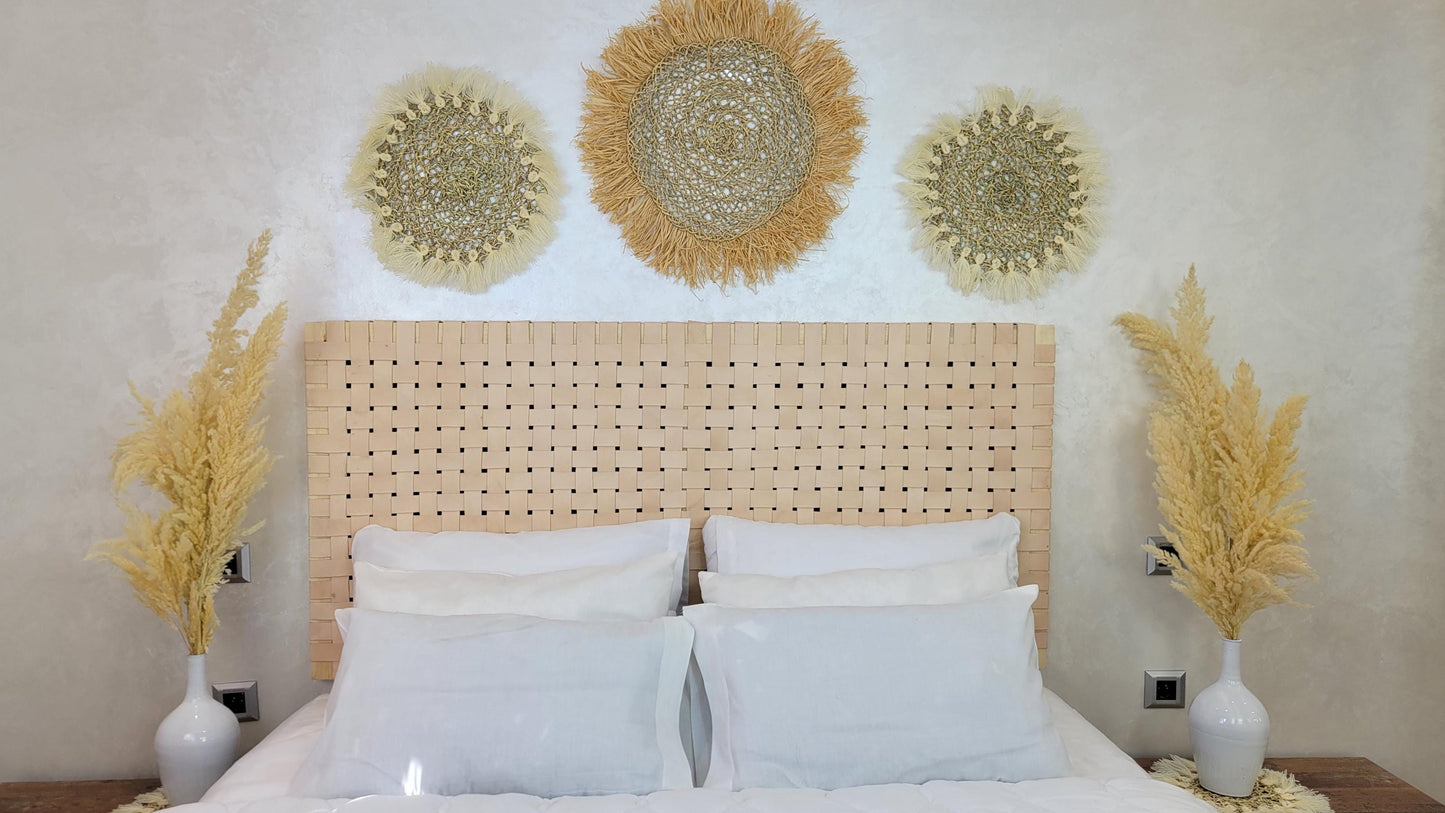 Woven Leather Headboard — styled in a modern boho living room