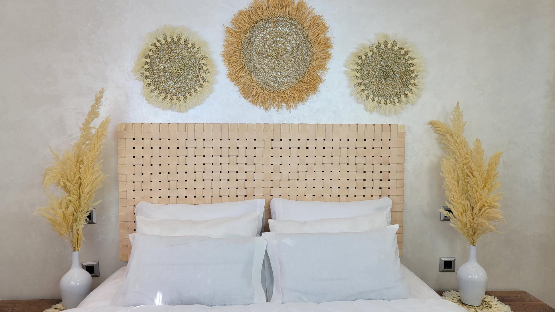 Woven Leather Headboard — styled in a modern boho living room