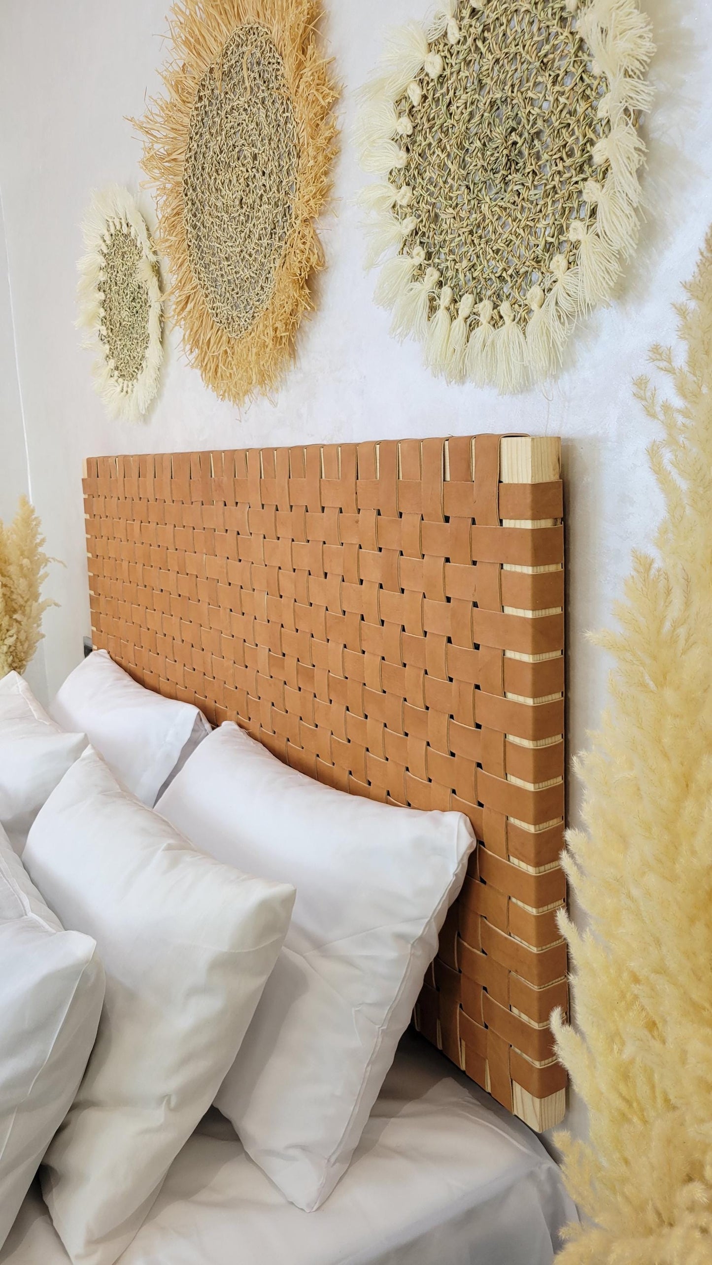 Woven Leather Headboard — paired with neutral home decor