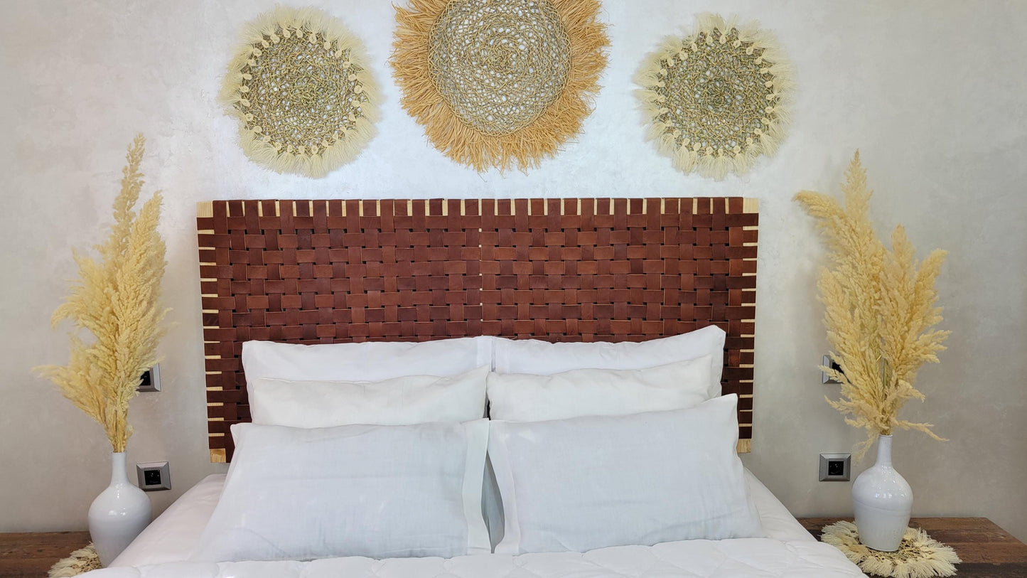 Woven Leather Headboard — styled in a modern boho living room