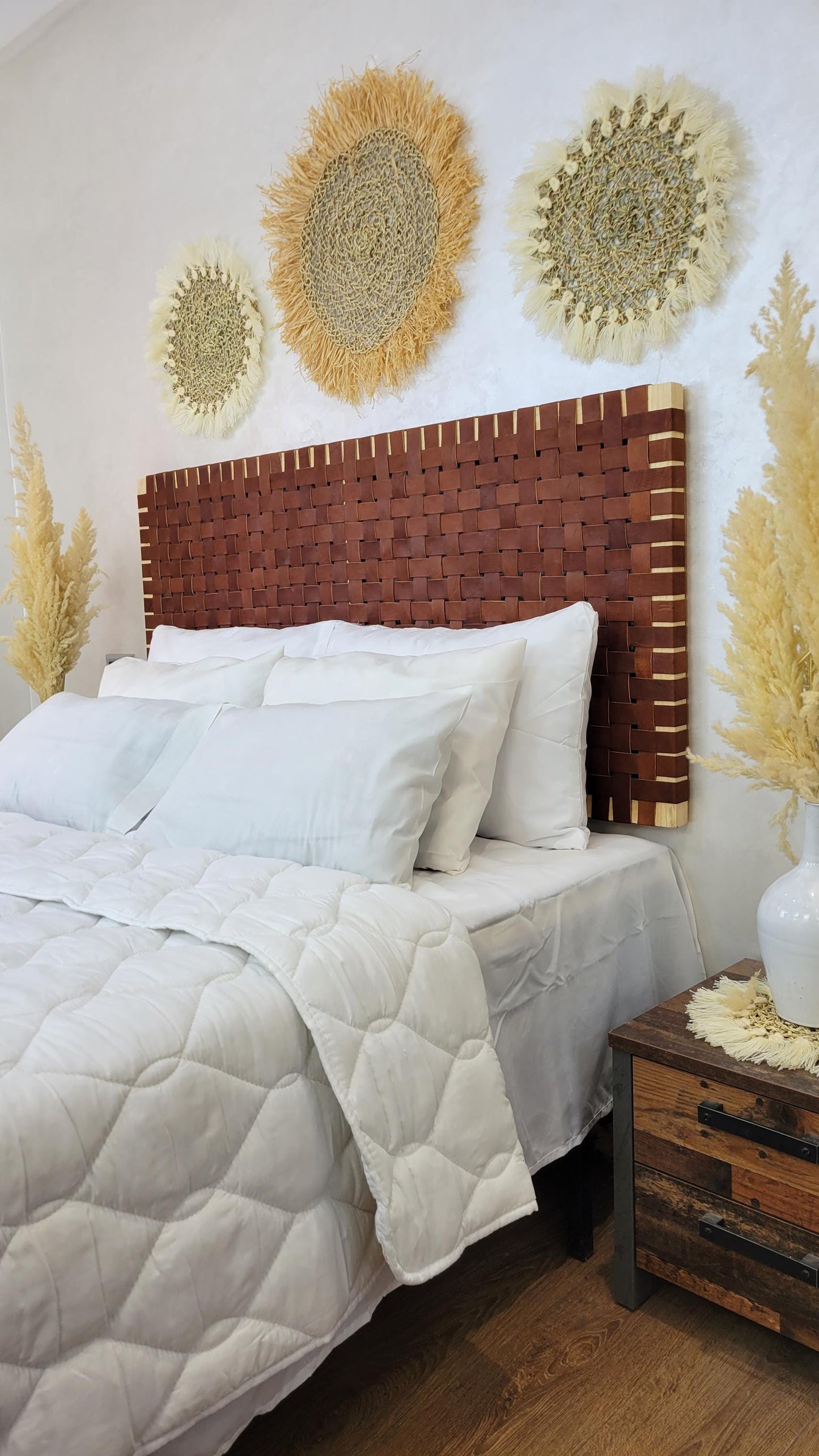 Woven Leather Headboard — paired with neutral home decor