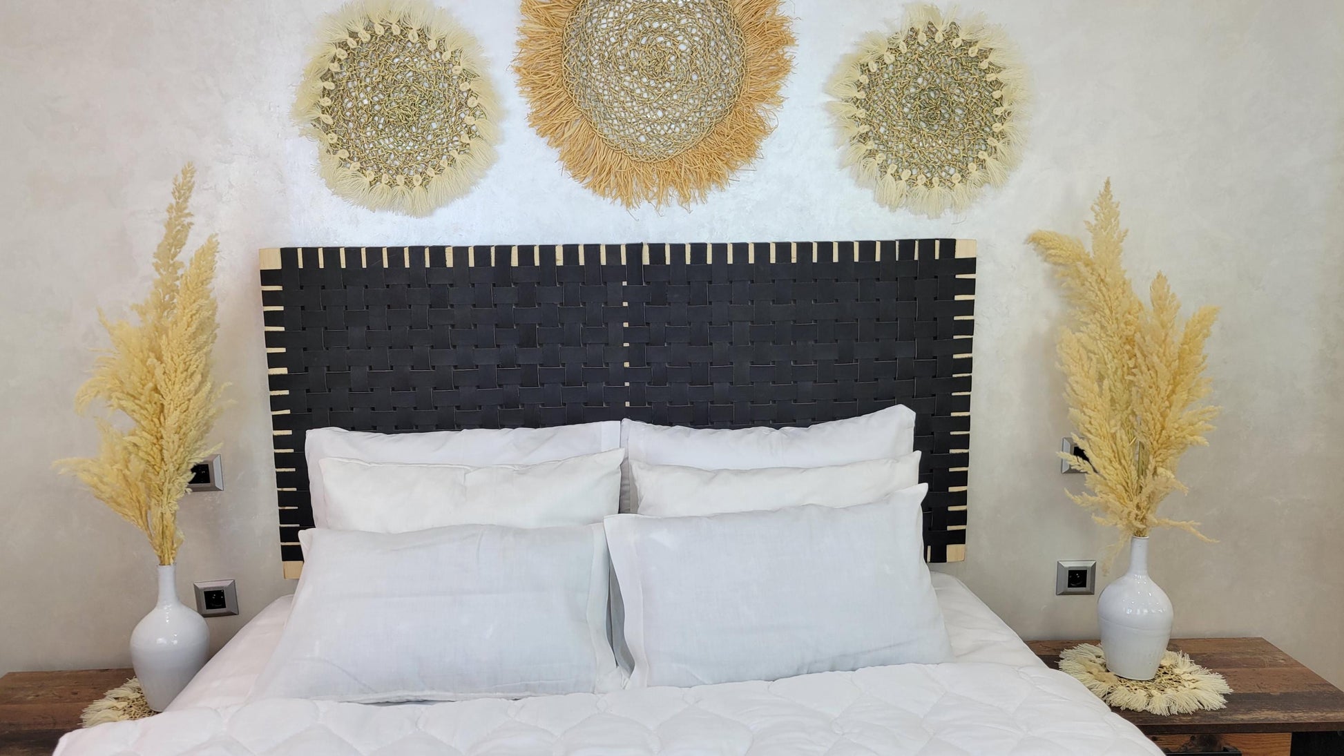 Woven Leather Headboard — side view of artisan stitching