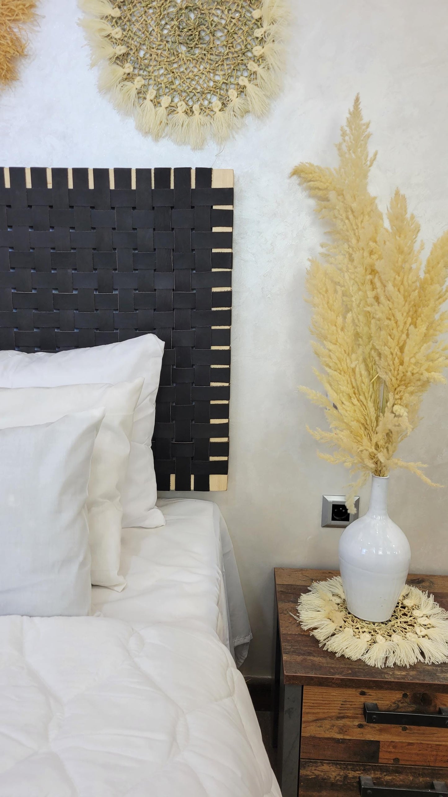 Woven Leather Headboard — paired with neutral home decor