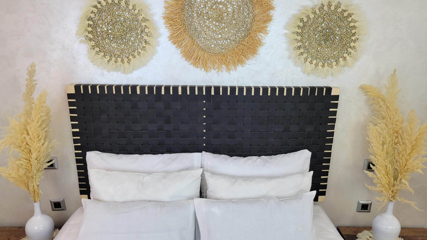 Woven Leather Headboard — color variation in natural light