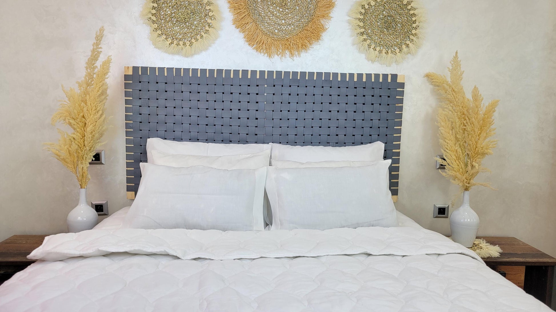 Woven Leather Headboard — paired with neutral home decor