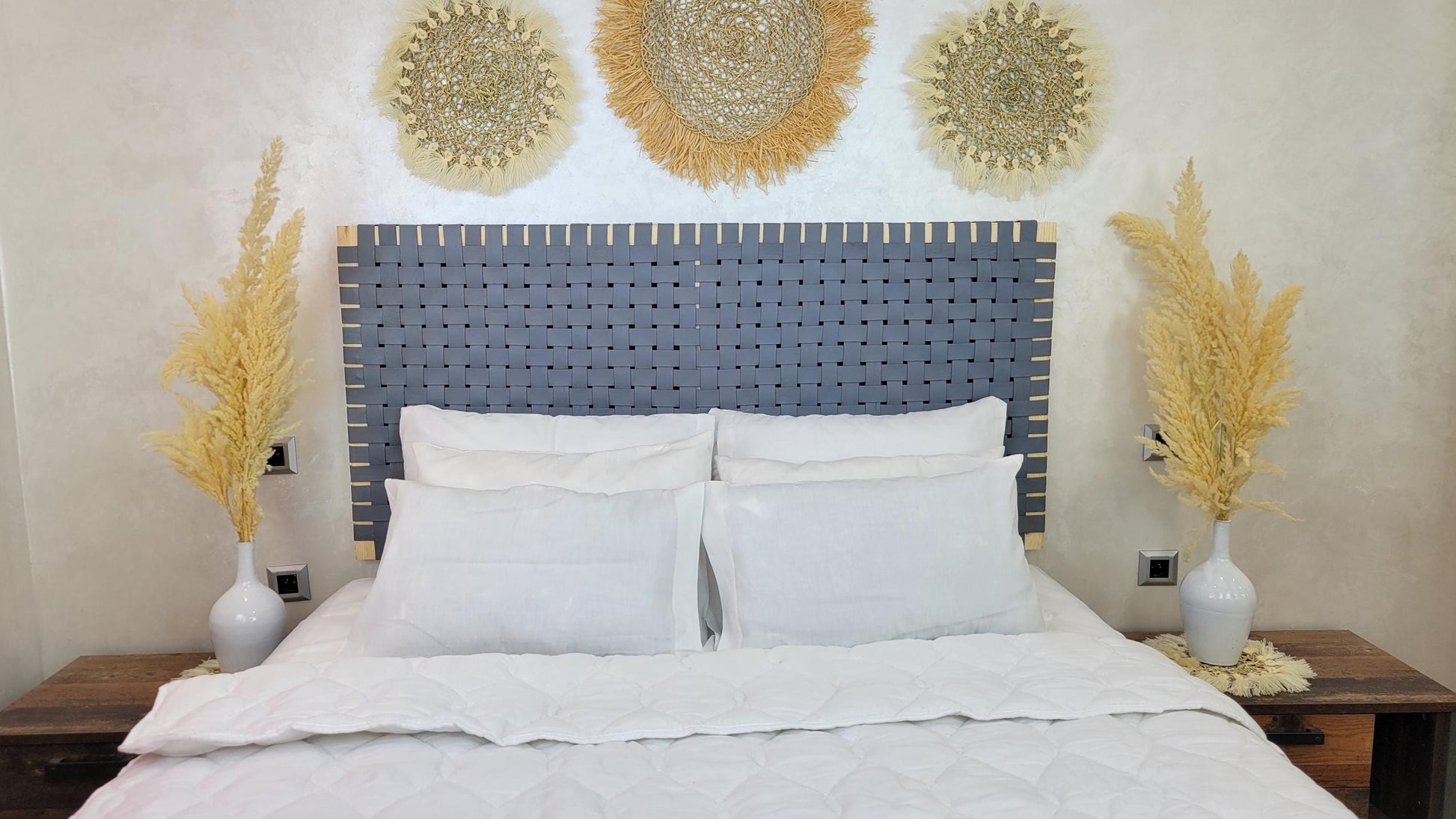 Woven Leather Headboard — side view of artisan stitching