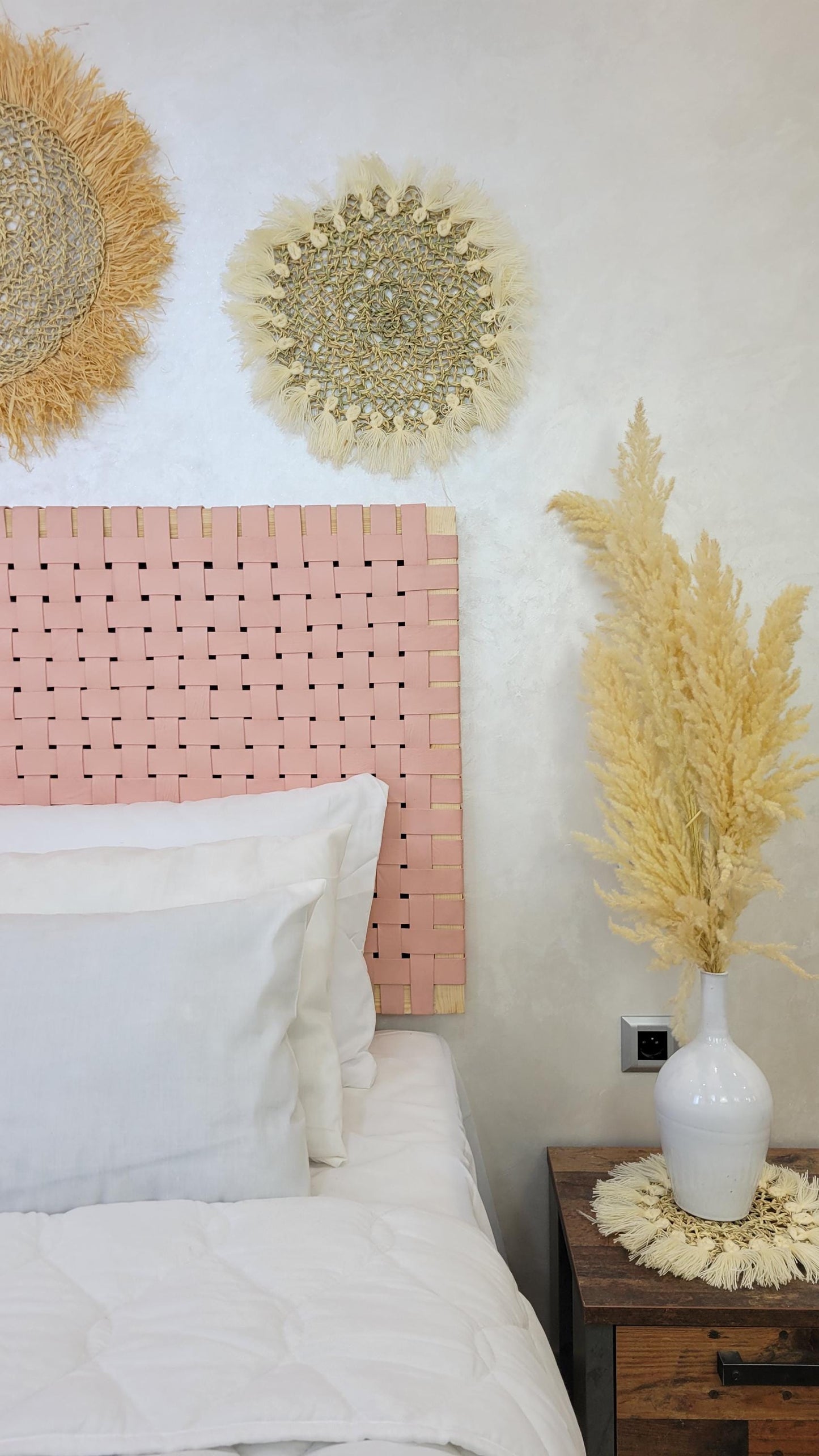 Woven Leather Headboard — paired with neutral home decor