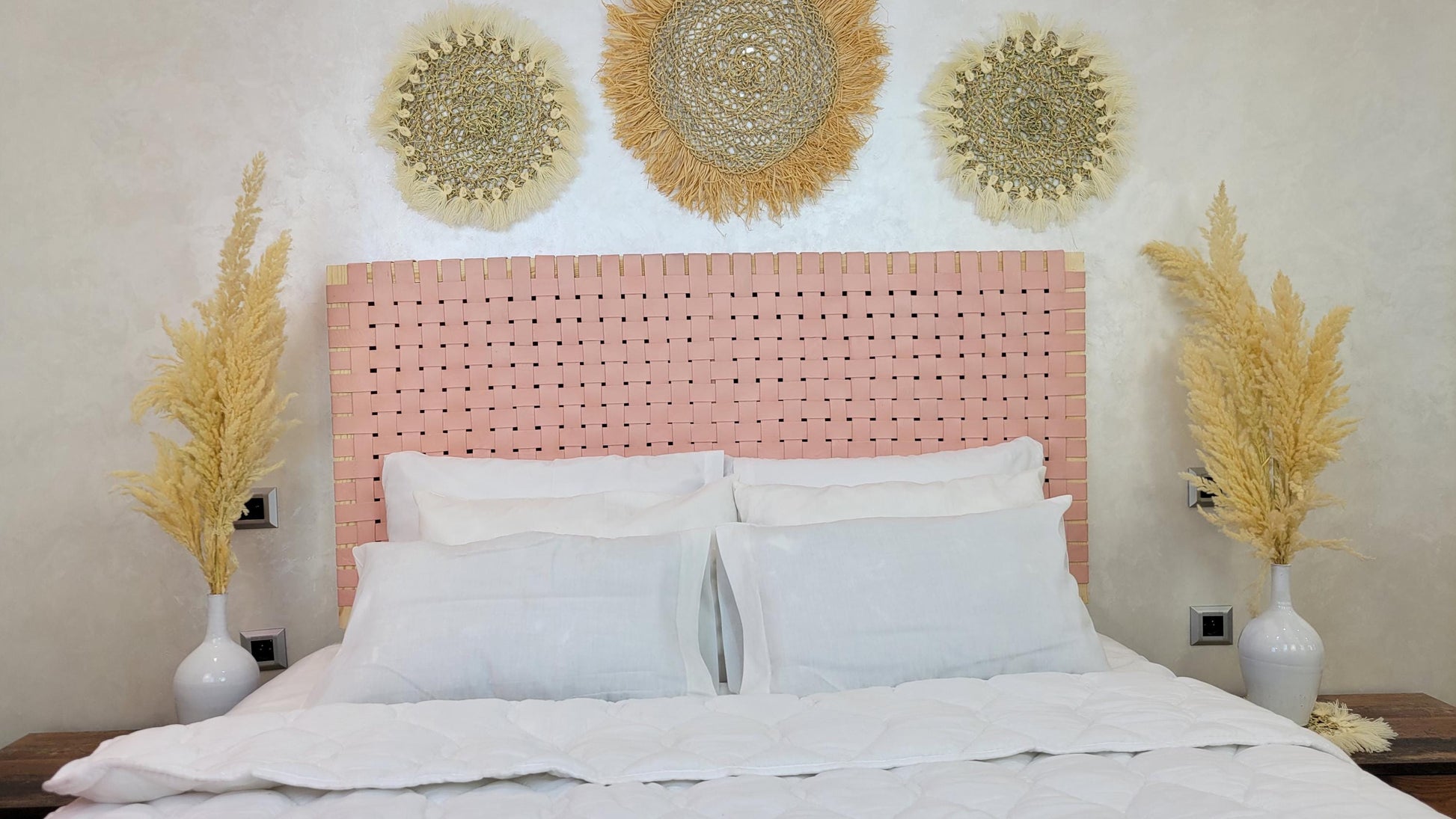 Woven Leather Headboard — side view of artisan stitching