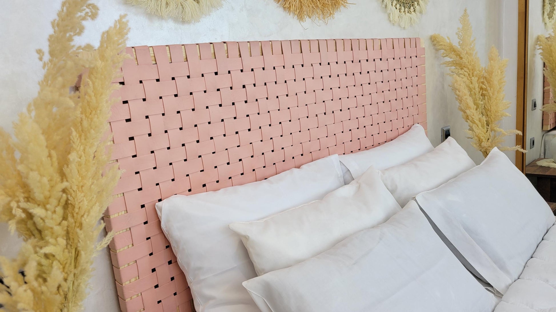 Woven Leather Headboard — accent piece in bohemian interior