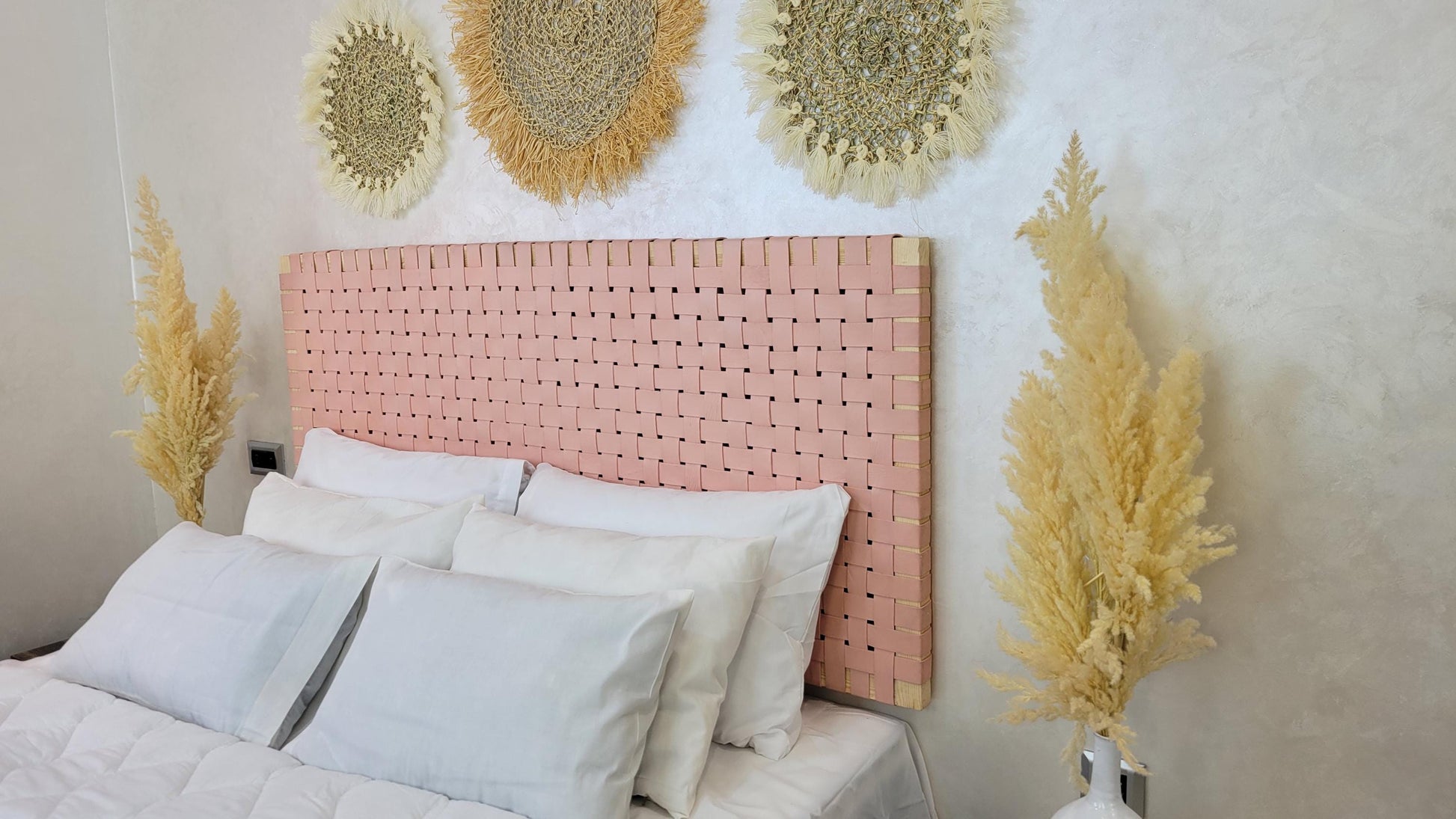 Woven Leather Headboard — styled in a modern boho living room