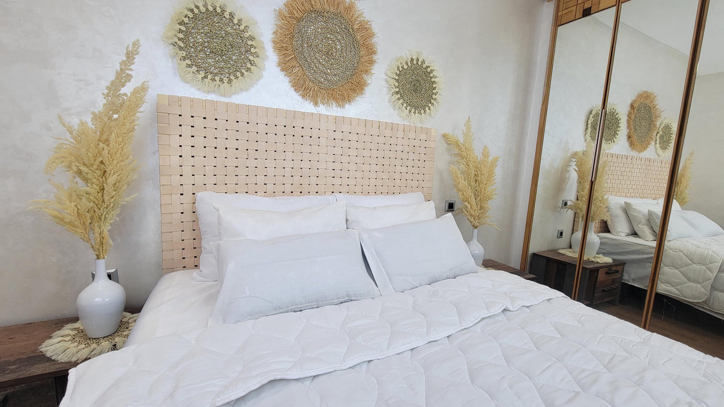 Woven Leather Headboard — color variation in natural light