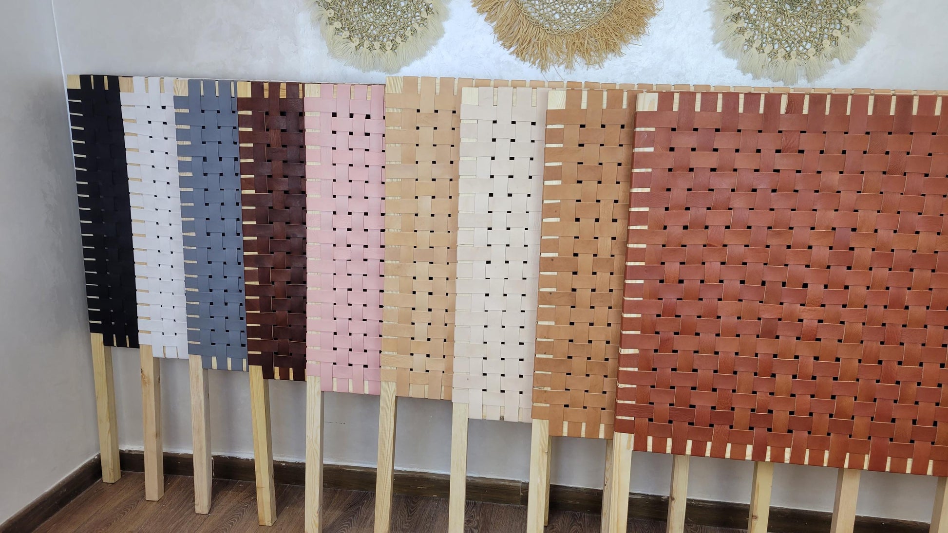 Woven Leather Headboard — side view of artisan stitching