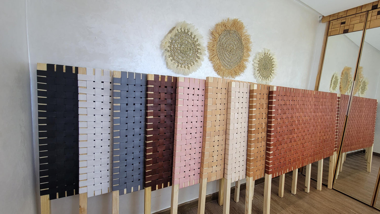 Woven Leather Headboard — styled in a modern boho living room