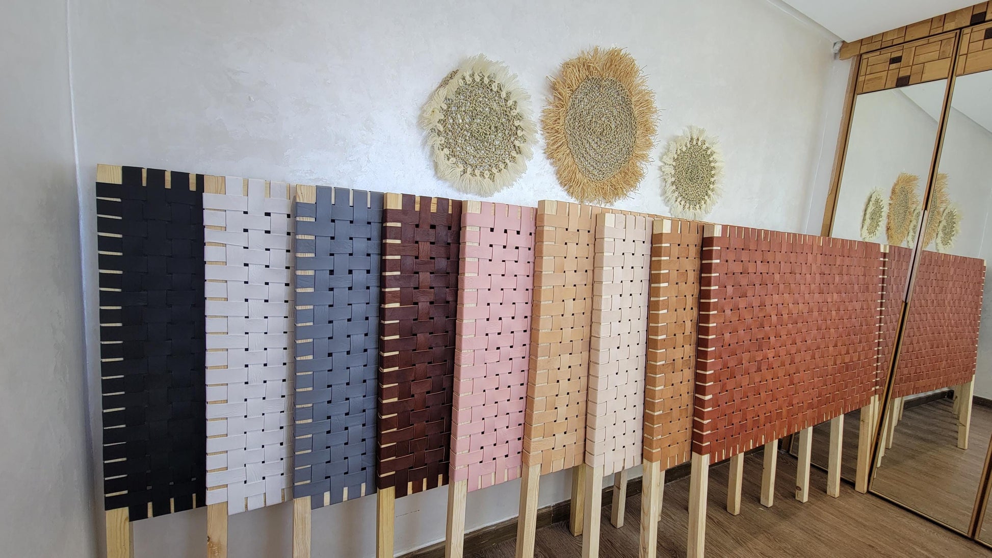 Woven Leather Headboard — styled in a modern boho living room