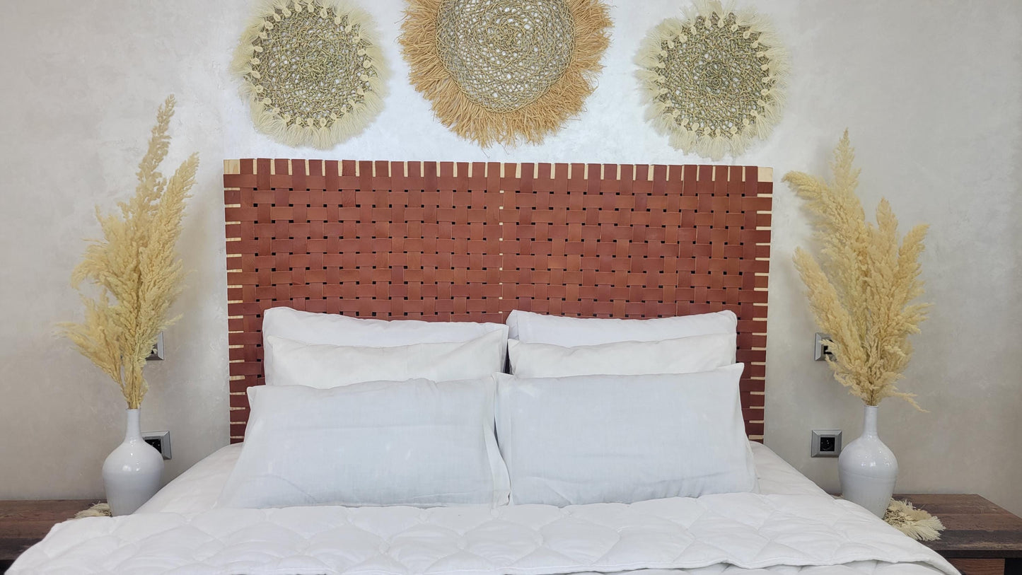 Leather Headboard with Legs — styled in a modern boho living room