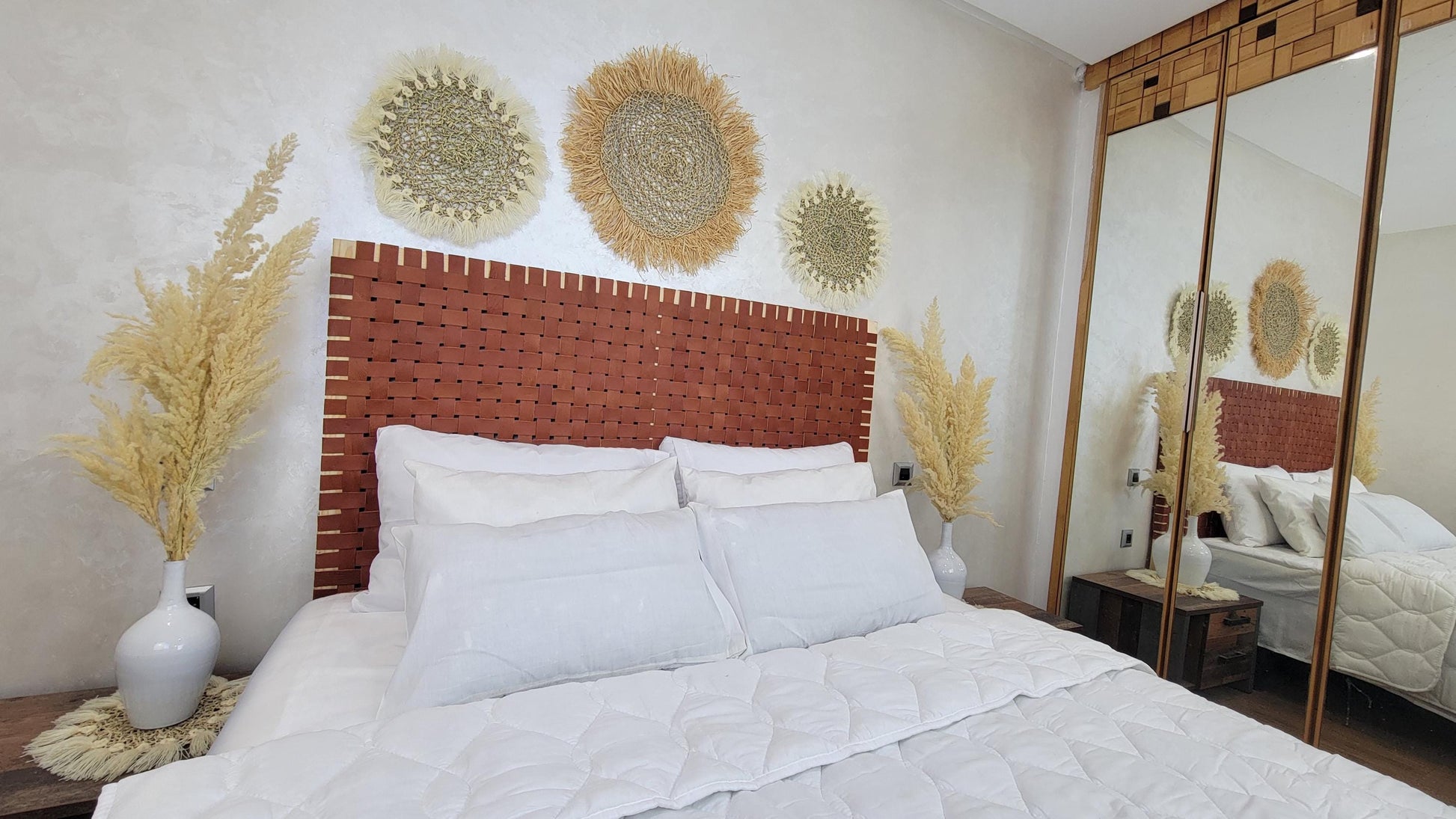 Leather Headboard with Legs — top view showing weave pattern