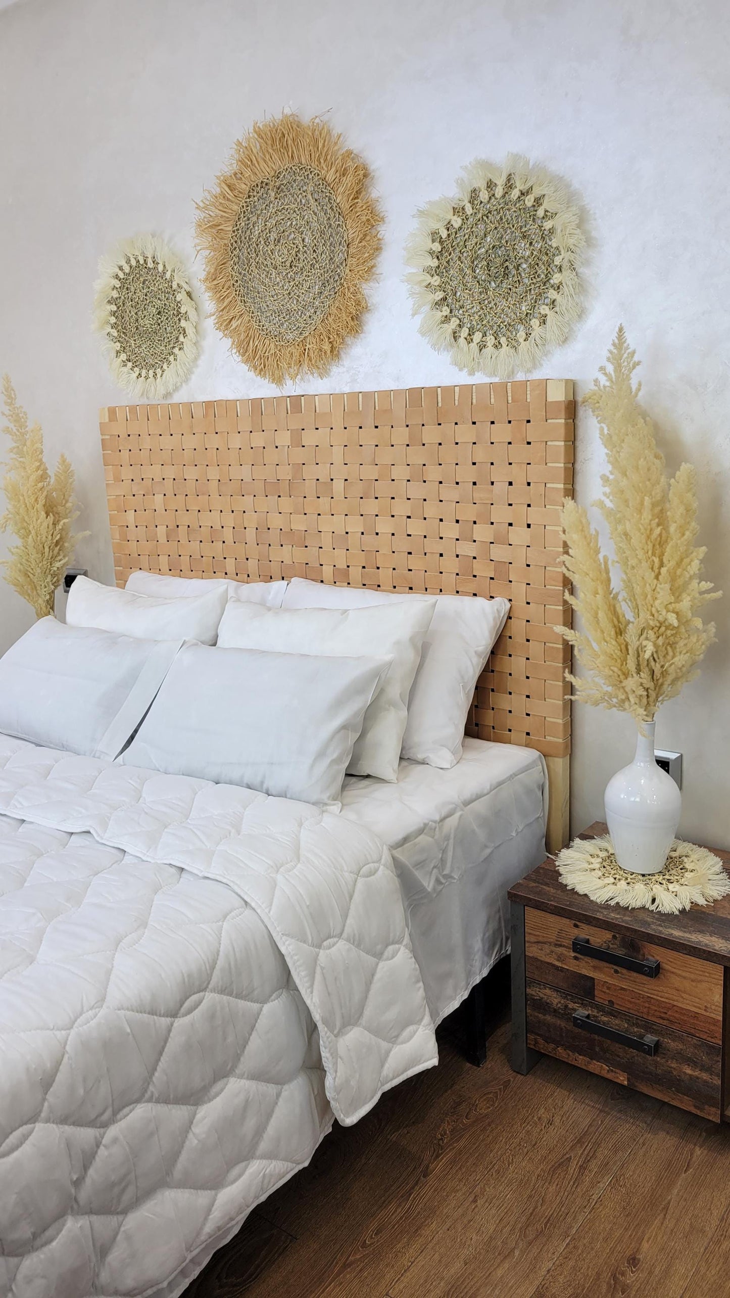 Leather Headboard with Legs — paired with neutral home decor
