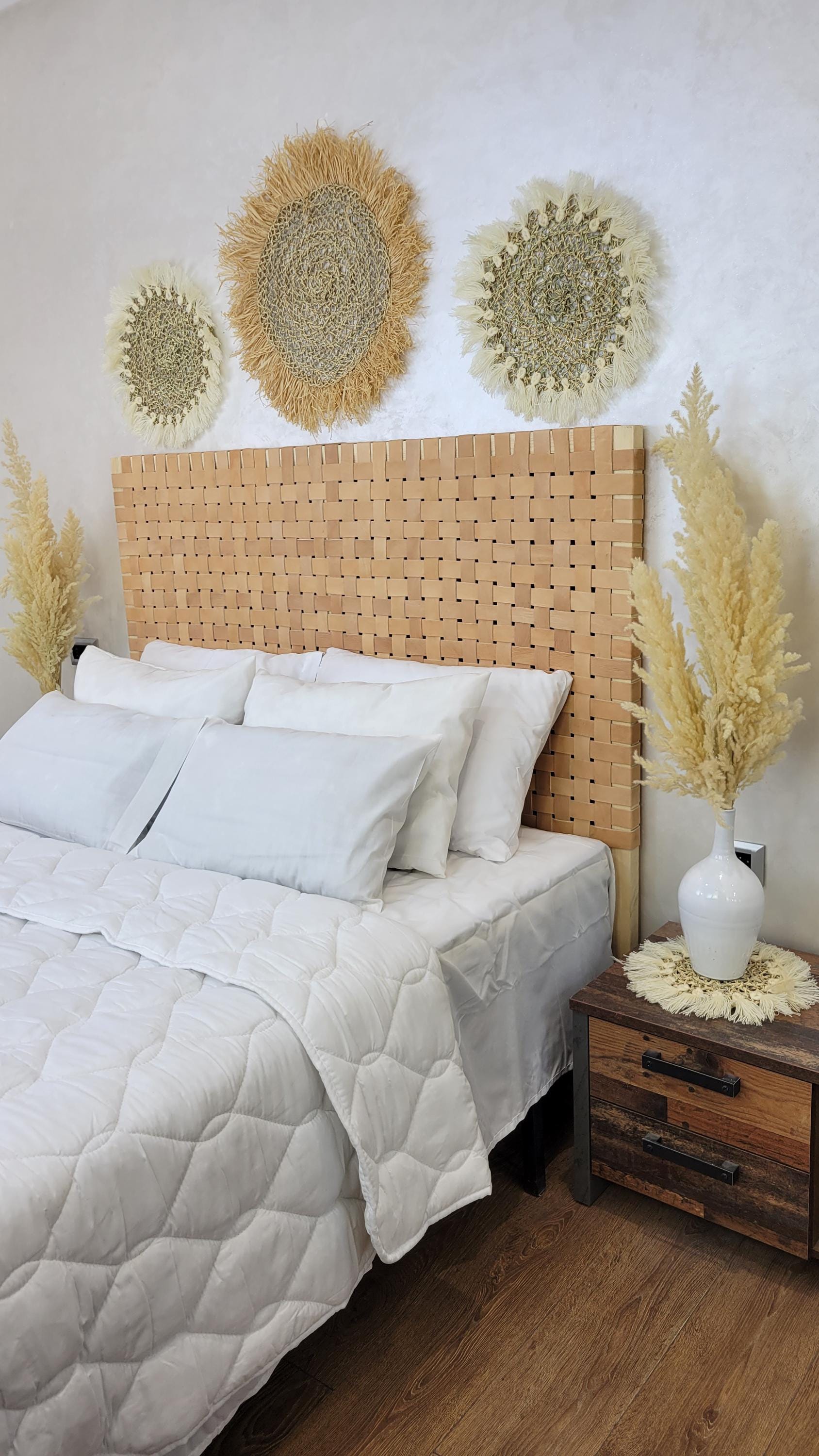 Leather Headboard with Legs — paired with neutral home decor