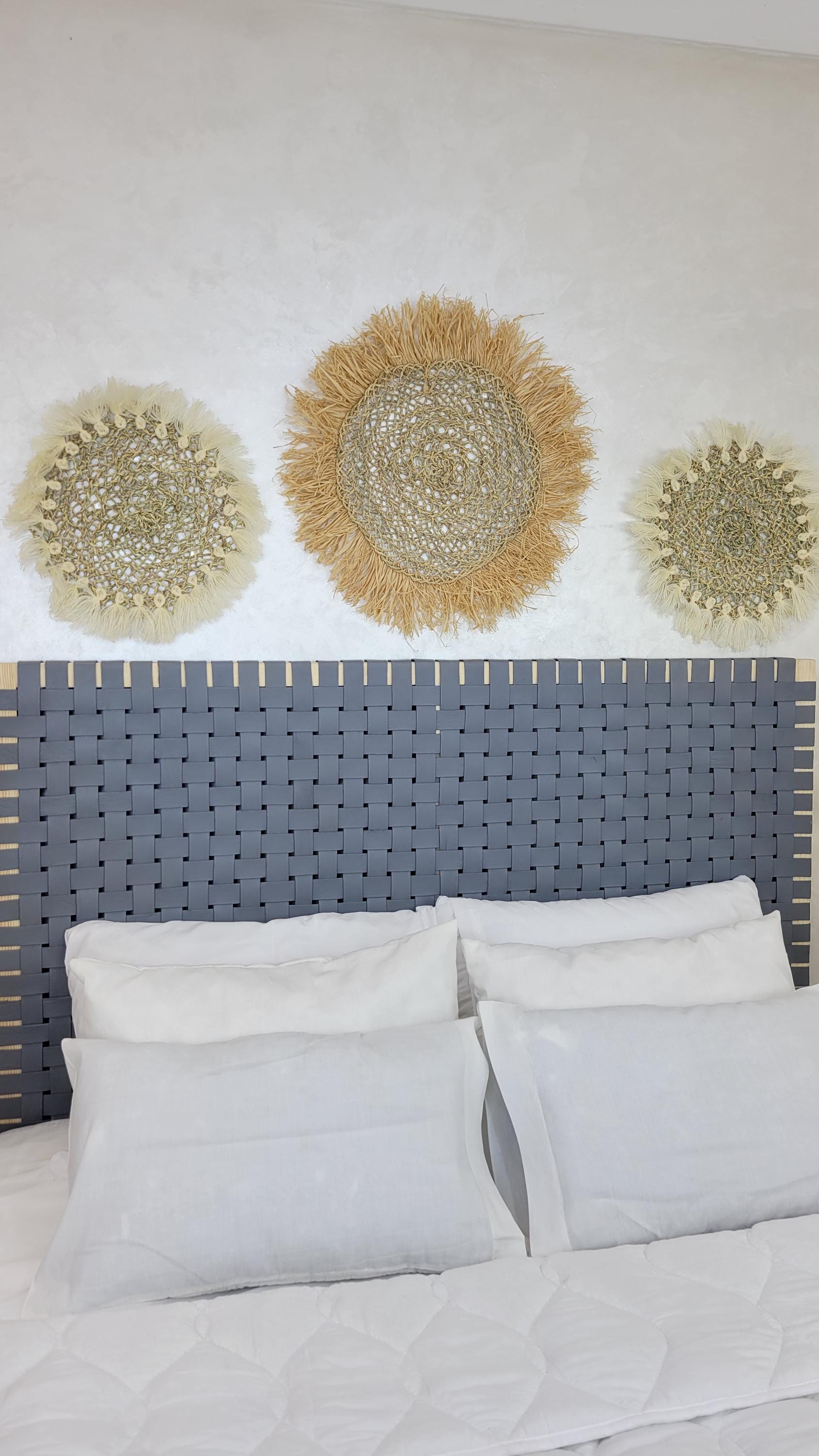 Leather Headboard with Legs — top view showing weave pattern