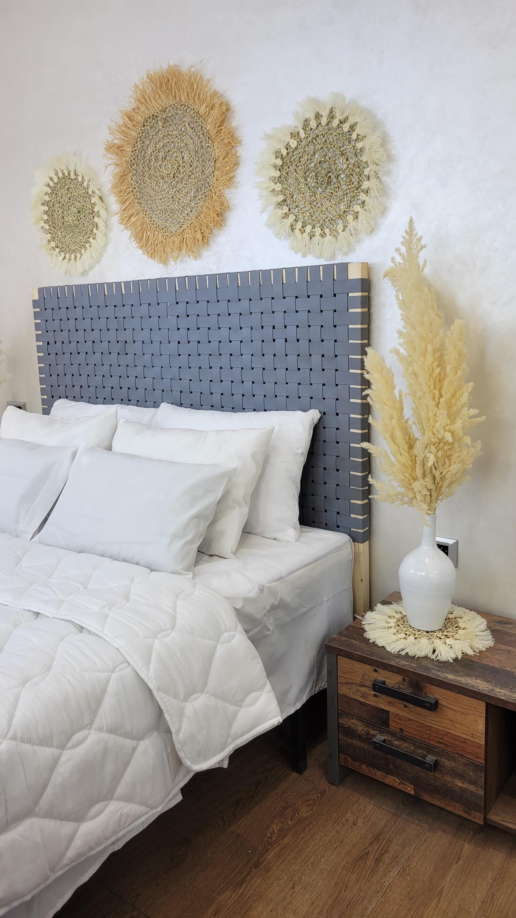 Boho Leather Headboard with Wooden Legs — Freestanding