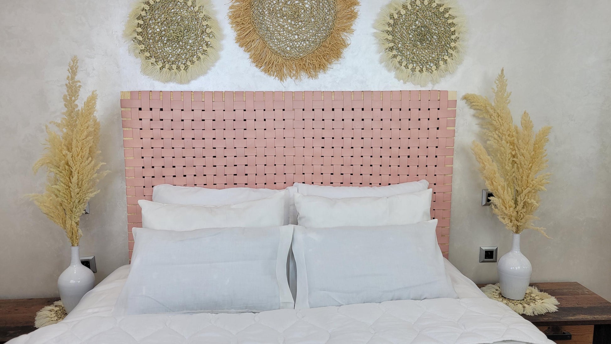 Woven Leather Headboard — styled in a modern boho living room