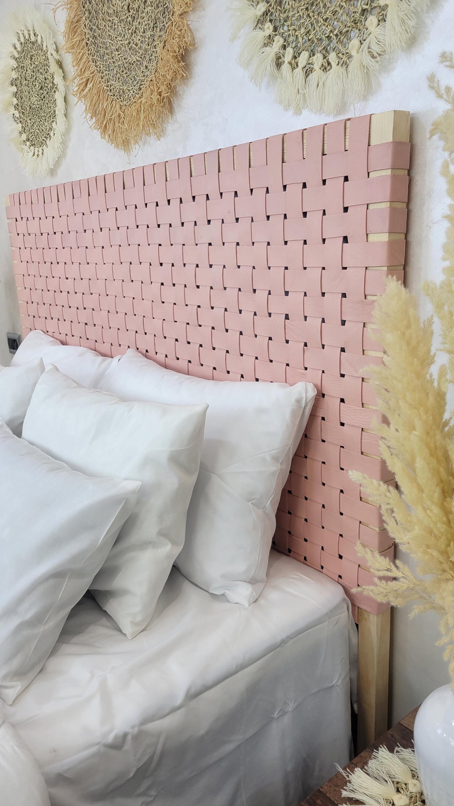 Woven Leather Headboard — accent piece in bohemian interior