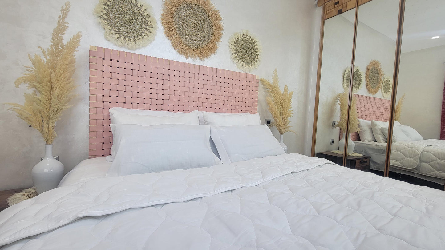 Woven Leather Headboard — paired with neutral home decor