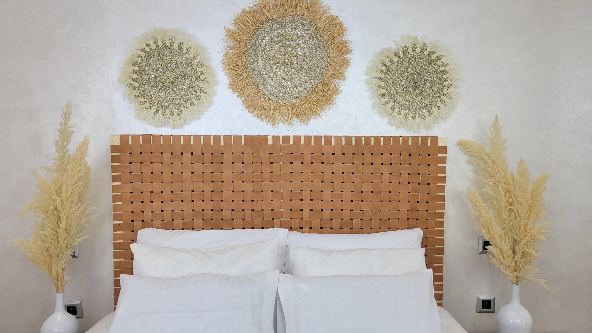 Woven Leather Headboard — side view of artisan stitching