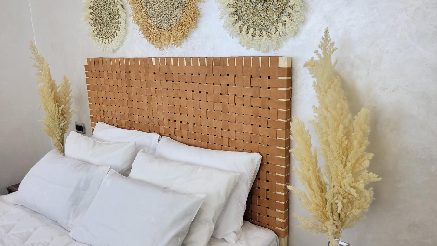 Woven Leather Headboard — styled in a modern boho living room