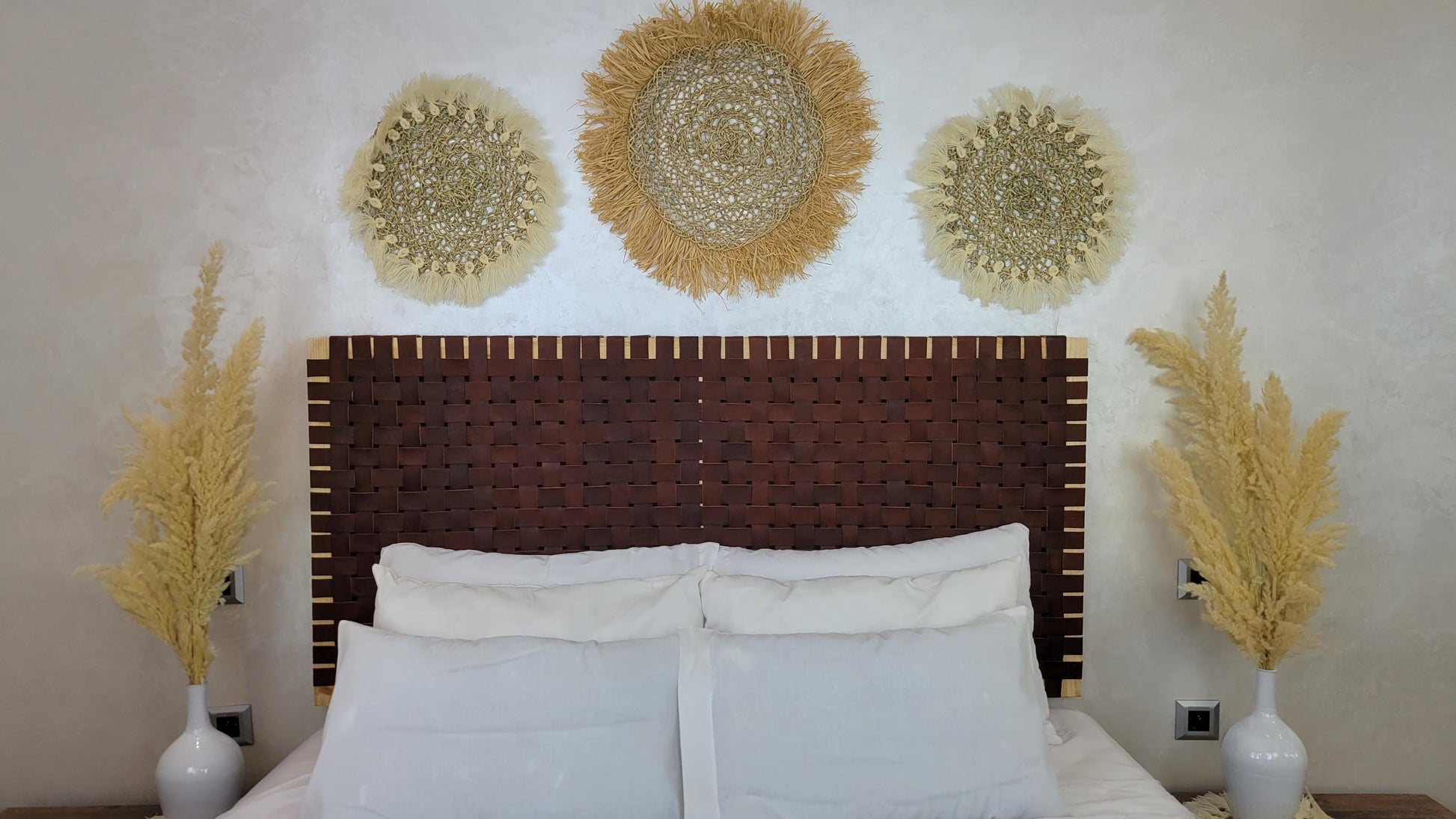 Woven Leather Headboard — styled in a modern boho living room