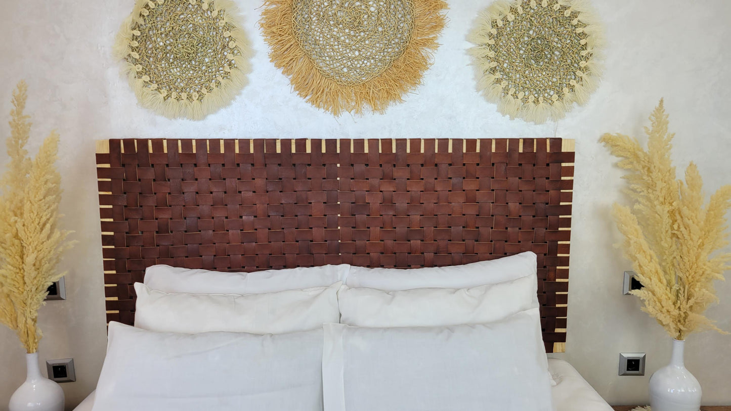 Woven Leather Headboard — side view of artisan stitching
