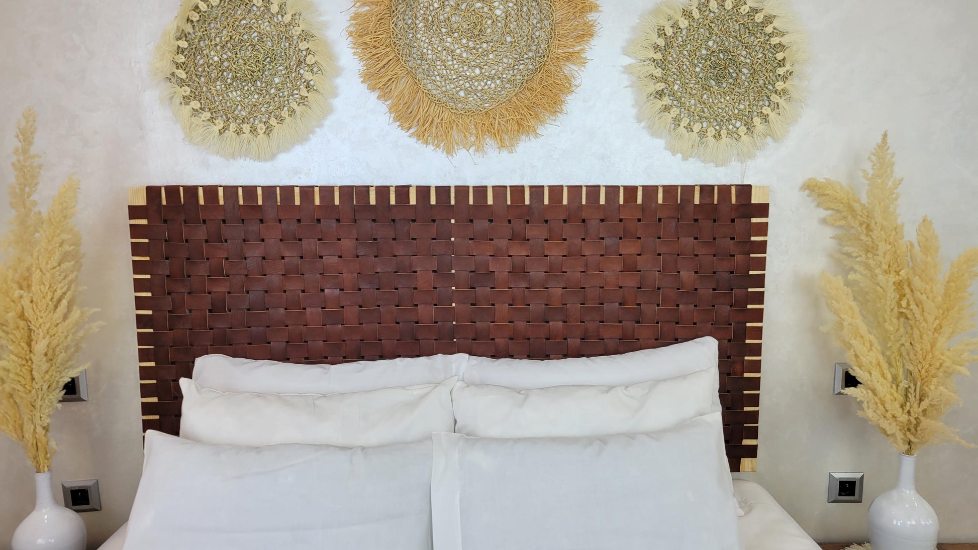 Woven Leather Headboard — side view of artisan stitching