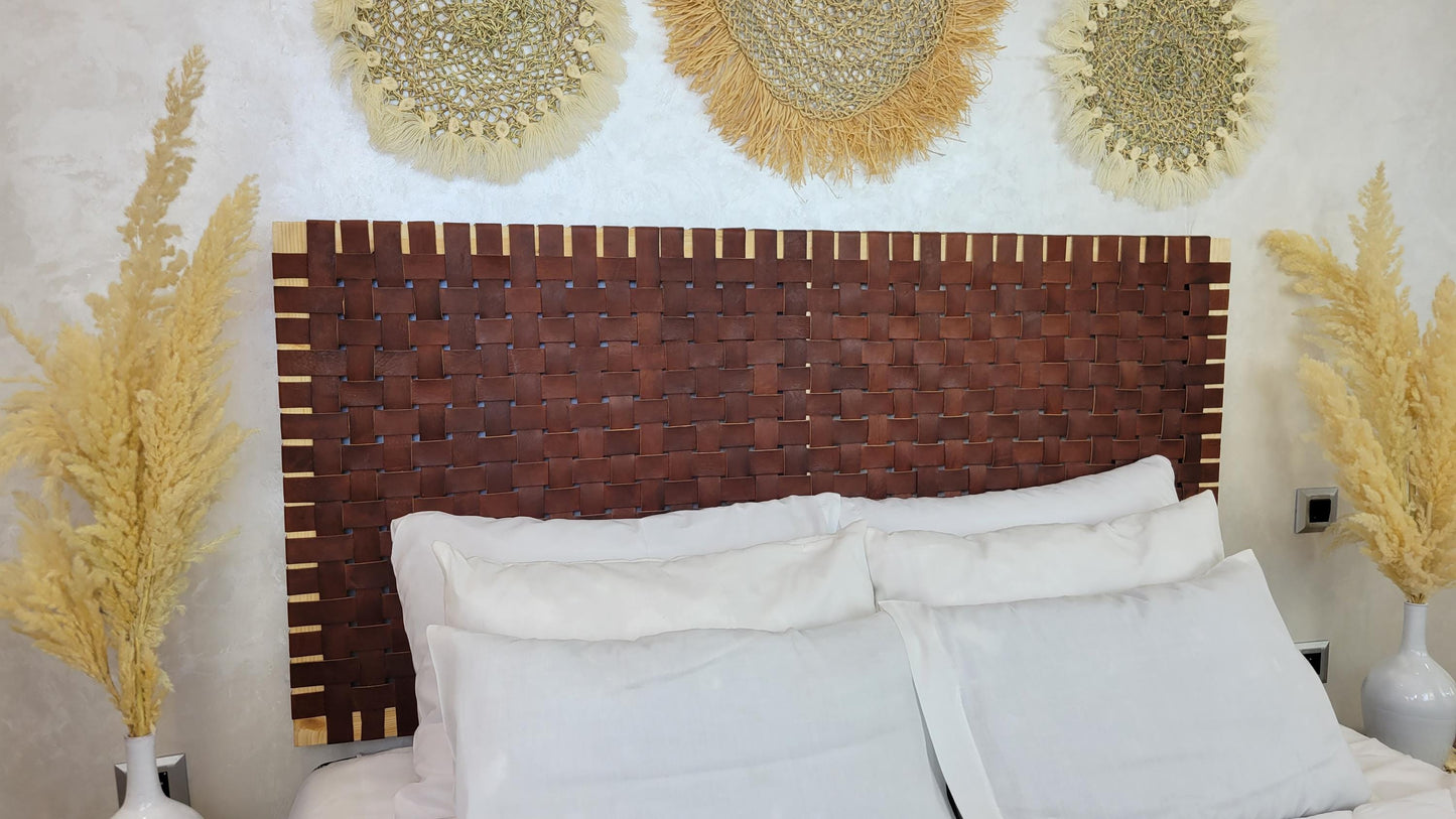 Woven Leather Headboard — color variation in natural light