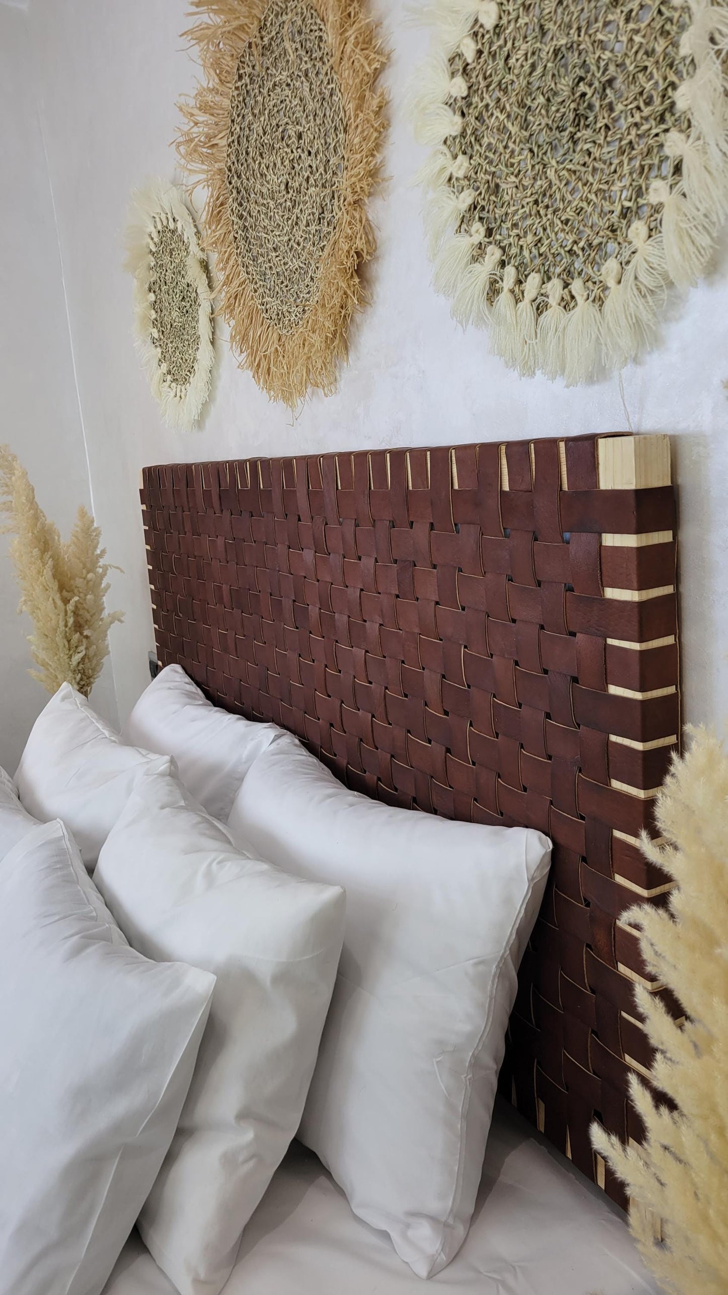 Woven Leather Headboard — paired with neutral home decor