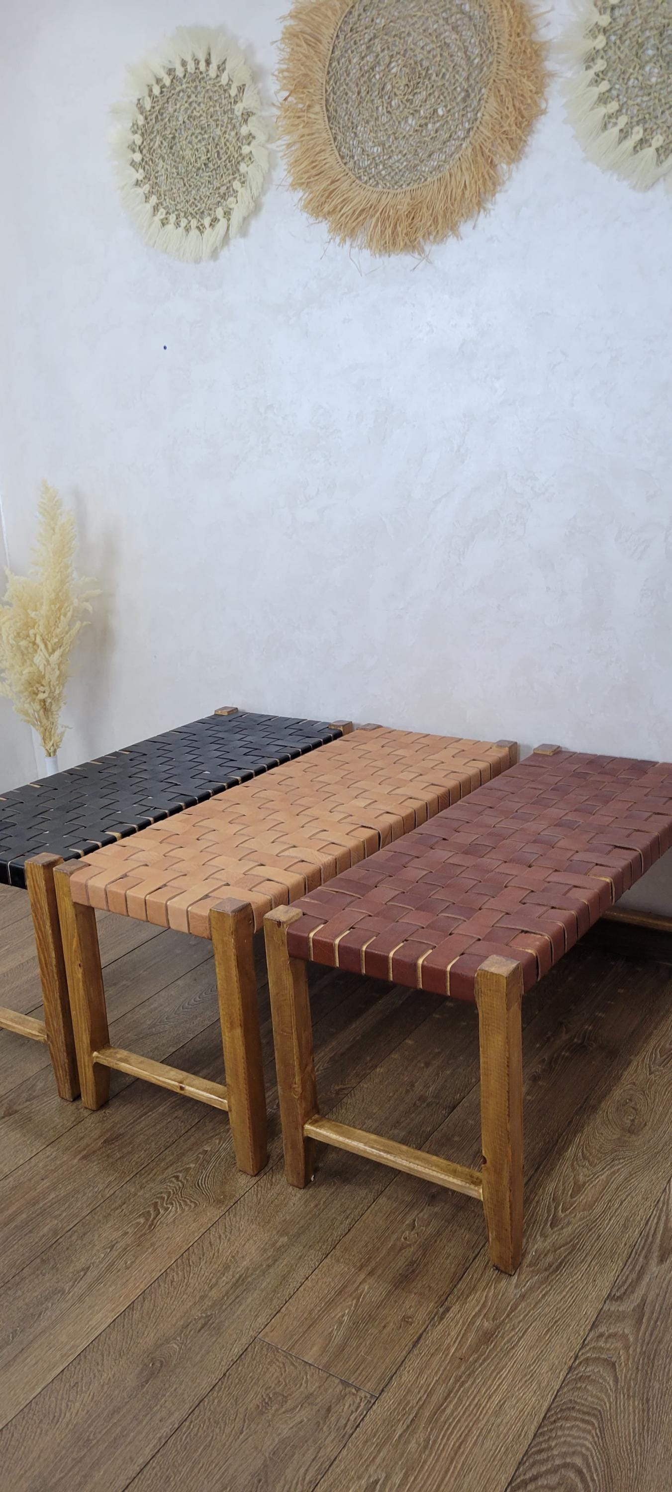 Woven Leather Bench — lifestyle scene in a US home