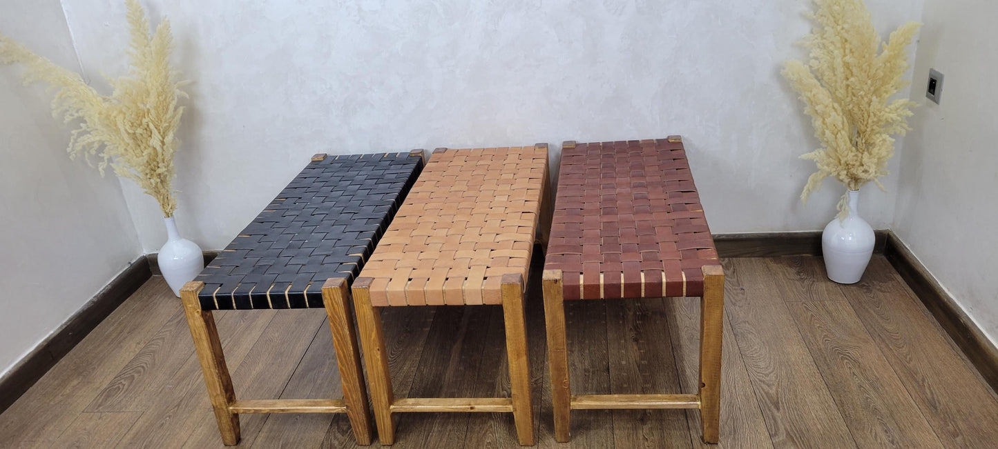 Woven Leather Bench — color variation in natural light