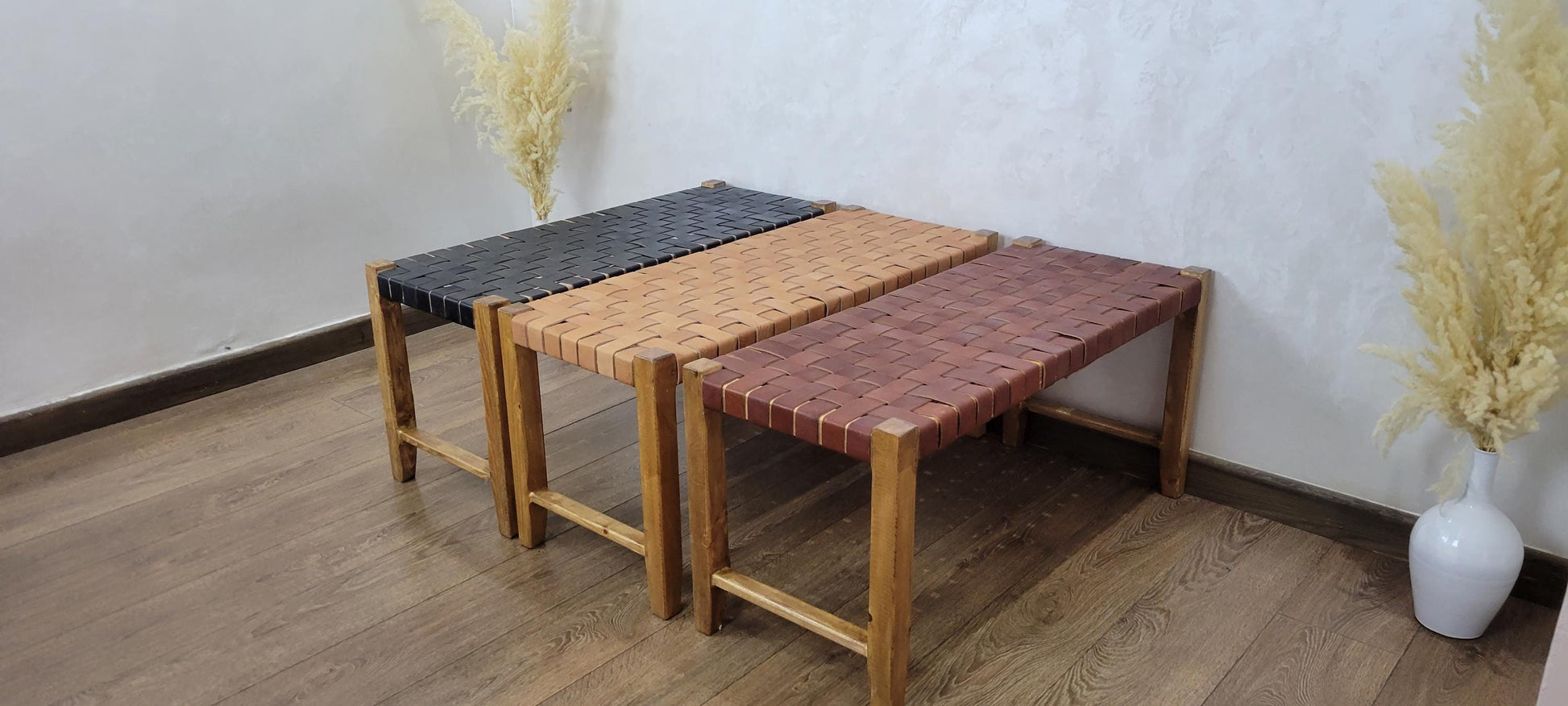 Woven Leather Bench — alternate angle showing scale