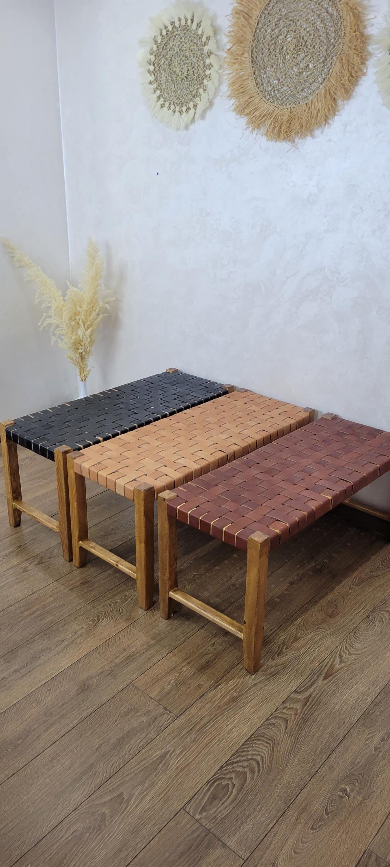 Handwoven Leather Bench — Rustic Modern Entryway