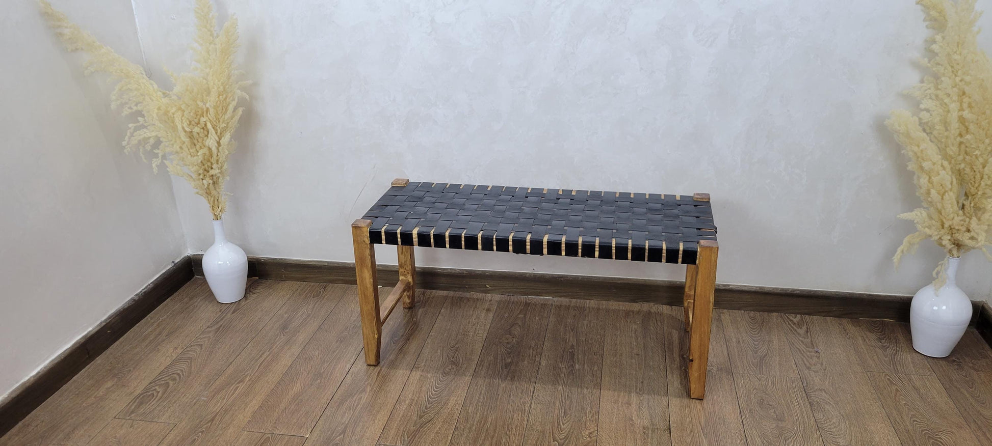 Woven Leather Bench — detail of woven craftsmanship