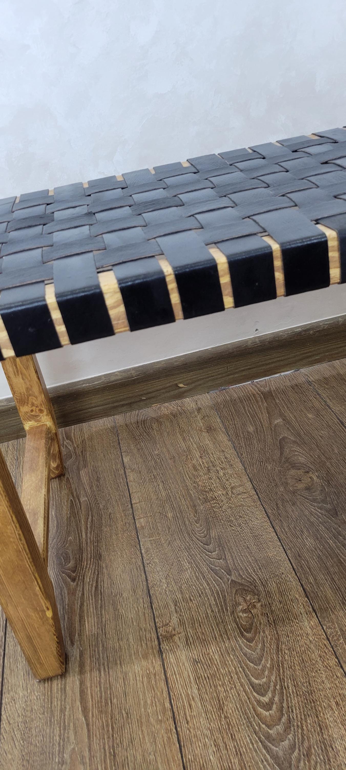Woven Leather Bench — alternate angle showing scale